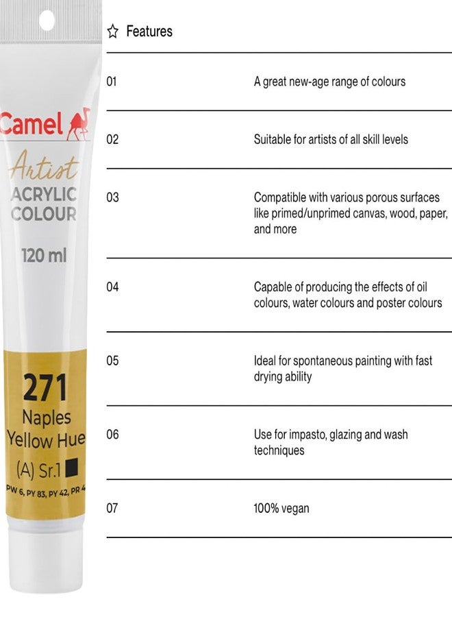 camel Camlin Kokuyo Artist Acrylic Colour Tubes (Naples Yellow Hue 271, 120ml) - Image 3